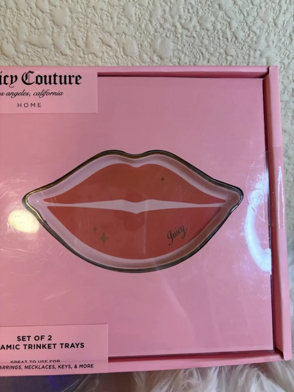 Juicy Couture Home Ceramic Trinket Tray Set Lips Kiss Print Jewelry Dish NWT